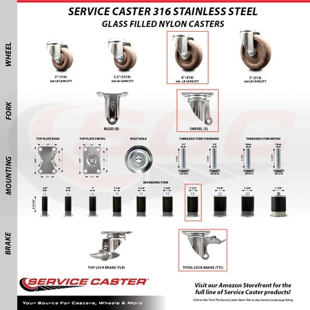 Service Caster 4 Inch 316SS High Temp Glass Filled Nylon 1-1/2 Inch Stem Caster Lock Brake SCC SCC-SS316TTLEX20S414-GFNSHT-112